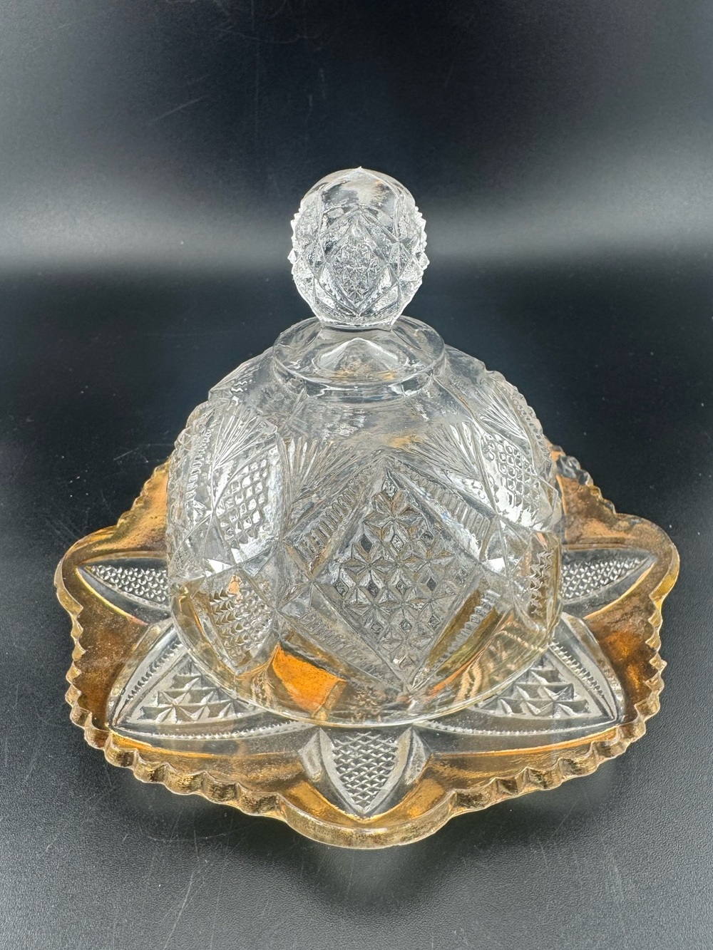Antique EAPG Butter Dome with Star Motif - Clear and Gold Trim